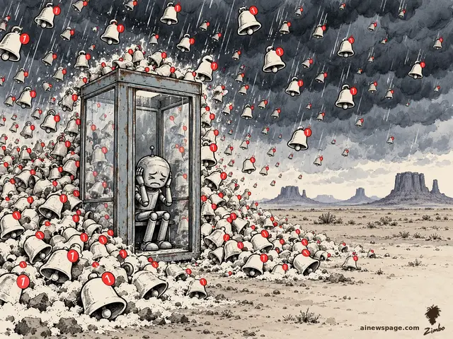 Zimbo cartoon: a small robot sits in a glass phone booth in a barren plain, hands over ears, while notification bells rain from the sky and pile against the glass.