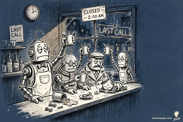 Zimbo cartoon: weary service robots toast with oil cans at a bar at last call under a flickering neon sign; one sleeps on the counter.