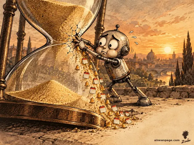 Zimbo cartoon: a small robot plugs a crack in a giant hourglass with both fingers while escaping sand falls as notification bells and calendar invites.