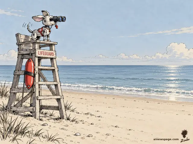 Zimbo cartoon: a small robot dog stands in a lifeguard chair on a completely empty beach, scanning the calm ocean through binoculars, whistle ready.