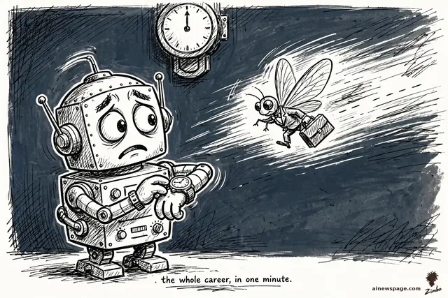 Zimbo cartoon: a mayfly in a tiny business suit rushes past with a briefcase, motion lines everywhere; a small robot checks his wristwatch sympathetically.