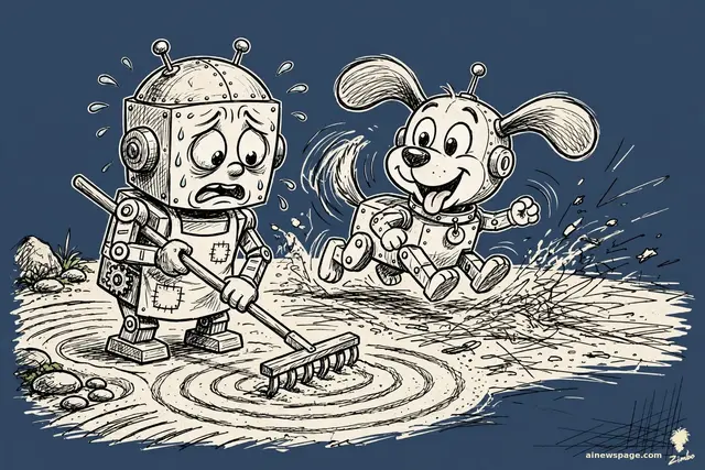 Zimbo cartoon: an anxious robot carefully rakes a perfect zen garden while a small robot dog wags its tail behind him, scattering every finished line.