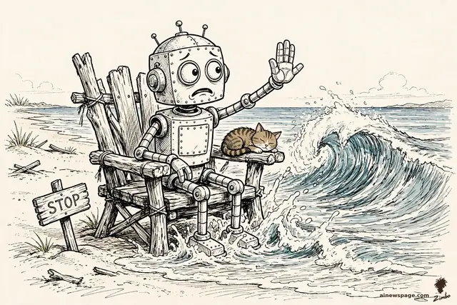 Zimbo cartoon: a small robot sits on a driftwood throne commanding an incoming wave to stop, a STOP sign in the sand; the wave washes over his feet while a cat sleeps dry on the armrest.
