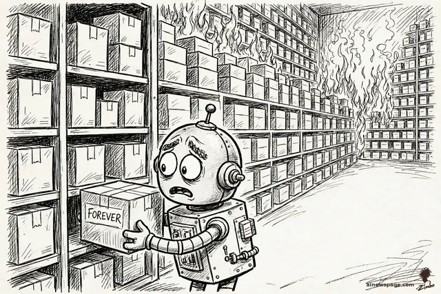 Zimbo cartoon: a small robot slides a cardboard box labeled FOREVER into a vast vault of identical boxes while the far wall burns, unnoticed.