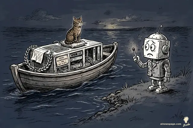 Zimbo cartoon: a decommissioned server rack lies on a small wooden boat drifting at dusk; a robot holds an unlit match on the shore while a tabby cat rides the boat.