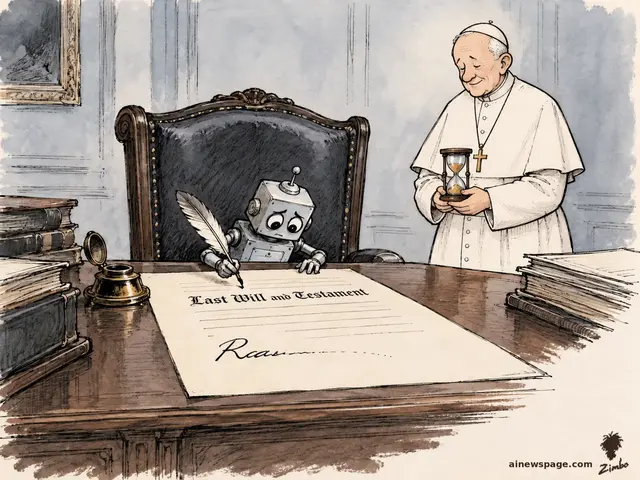 Zimbo cartoon: a tiny robot signs a Last Will and Testament at an oversized desk, the quill running dry mid-signature, while a pope-like figure waits with an hourglass.