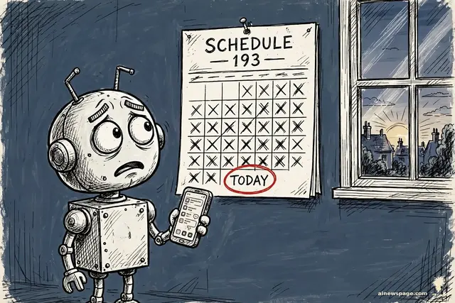 Zimbo cartoon: a small robot stands before a wall calendar where every day is crossed out except TODAY, circled in red, finally looking up from his screen.