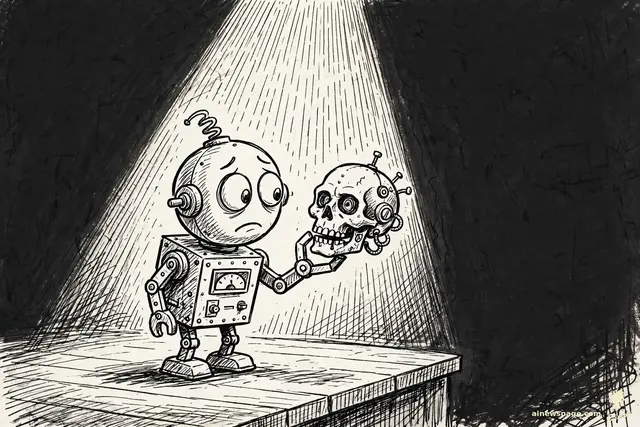 Zimbo cartoon: a small robot holds a polished robot skull at arm's length on a bare wooden stage under a single spotlight, contemplating it.