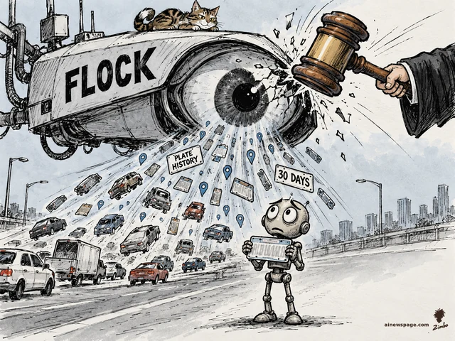 Satirical Zimbo cartoon: a giant FLOCK surveillance-camera eye hovers over a highway, vacuuming license plates and location pins from the sky; a judge's gavel smashes the lens while worried Merv the robot holds up his own plate and Issue the tabby cat watches from atop the camera.