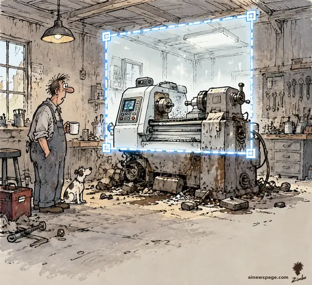 Satirical cartoon: a glowing blue selection rectangle hovers over a grimy workshop, swapping the grimy lathe inside it for a pristine machine while the dusty room, the coffee-holding worker, and the dog outside the box stay untouched.
