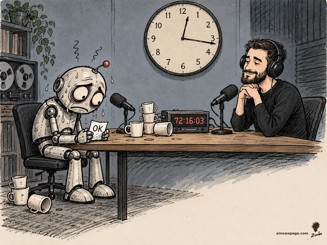 Satirical cartoon: sweating retro robot Merv slumped in a podcast chair holding an 'OK.' confession card, a timer reading 72:16:03, empty coffee mugs piled up, a bearded interviewer with headphones patiently waiting.