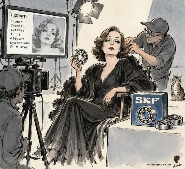 Editorial cartoon: a 1930s Swedish film star reconstructed from an on-set text prompt board ('PROMPT: iconic Swedish actress 1930s elegant mysterious film star') holds up a ball bearing on a film set; an SKF box and bearings sit on a table while a tabby cat watches.