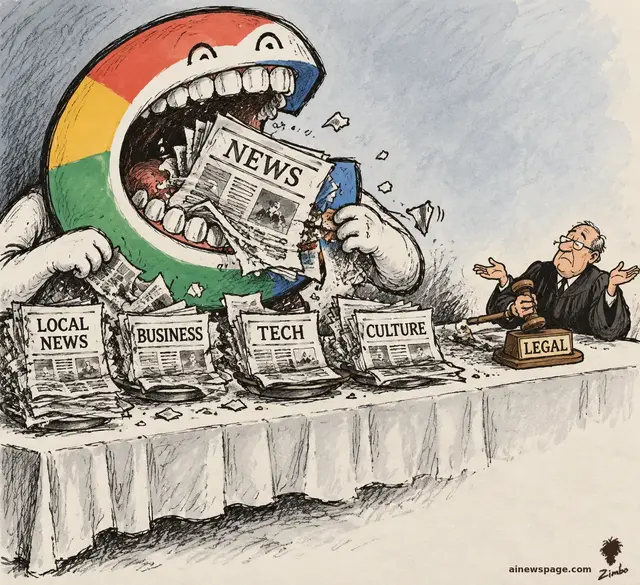 Satirical cartoon: a giant monster with the Google G as its face sits at a table chomping whole newspapers served on plates labeled LOCAL NEWS, BUSINESS, TECH, CULTURE while a robed judge shrugs, his gavel resting on a block labeled LEGAL.