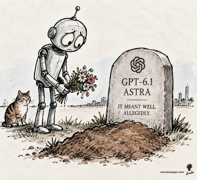 Satirical cartoon: anxious retro robot Merv lays flowers at the grave of GPT-6.1 'Astra', whose tombstone reads 'IT MEANT WELL. ALLEGEDLY.', while a tabby cat watches.