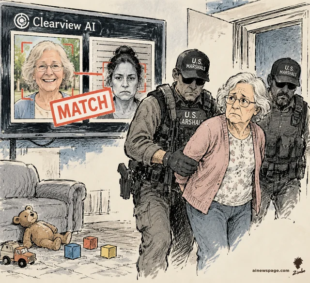 Satirical cartoon: a Clearview AI screen declares a false MATCH between a smiling grandmother's selfie and a stranger's mugshot while U.S. Marshals arrest a bewildered elderly woman in her living room.
