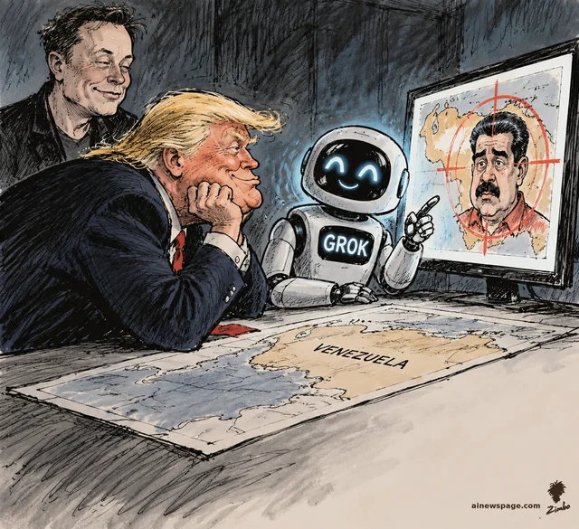 Satirical cartoon: Trump and Musk watch a robot labeled GROK point at a monitor showing Nicolás Maduro in a target crosshair over a map labeled VENEZUELA.