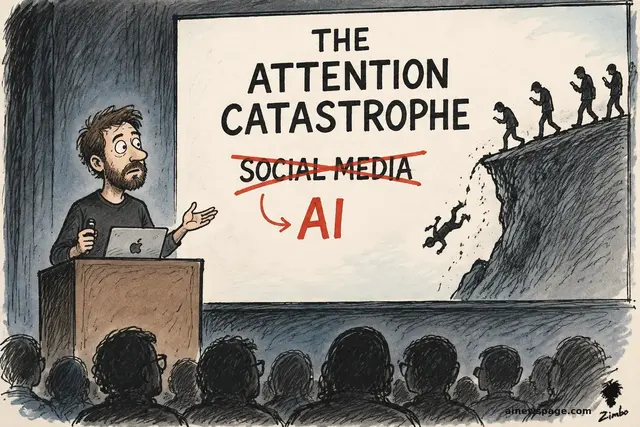 Editorial cartoon: a presenter at a podium before a slide reading THE ATTENTION CATASTROPHE, with SOCIAL MEDIA crossed out in red and an arrow to AI; phone zombies walk off a cliff on the slide.