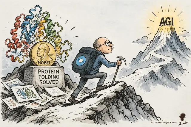 Satirical cartoon: a mountain-climber scientist steps off his conquered summit - a stone reading PROTEIN FOLDING SOLVED, a Nobel medal, colorful protein ribbons - eyes already locked on a distant glowing peak labeled AGI.