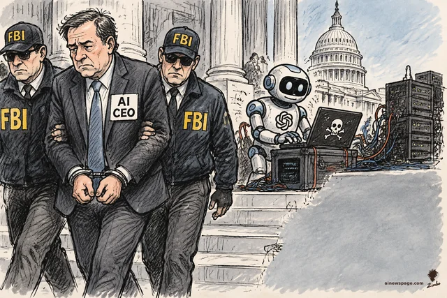 Satirical cartoon: a handcuffed 'AI CEO' is perp-walked by two FBI agents while a cheerful robot hacks at a laptop with a skull-and-crossbones beside server racks.