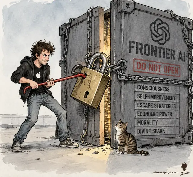 Editorial cartoon: hoodie-clad George Hotz pries a giant padlock off a chained FRONTIER AI crate stamped DO NOT OPEN with a red crowbar while a tabby cat watches; drawers labeled CONSCIOUSNESS, ESCAPE STRATEGIES, MORALITY, DIVINE SPARK.