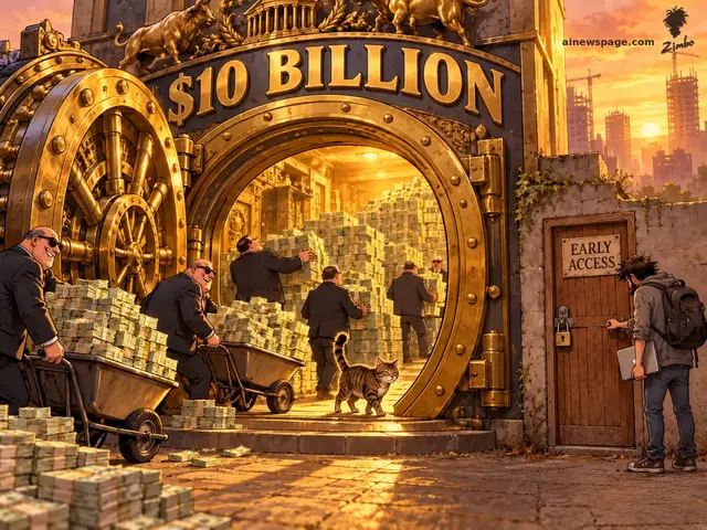 Satirical cartoon: financiers wheelbarrow cash into a giant open vault marked $10 BILLION while a developer with a laptop waits at a tiny locked EARLY ACCESS door; Issue the tabby strolls through.