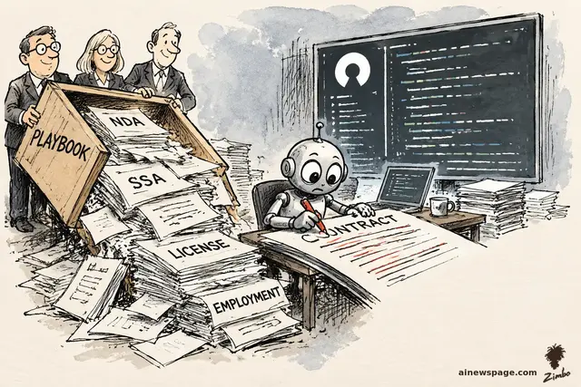 Satirical cartoon: three beaming lawyers dump a giant wooden PLAYBOOK box (labels NDA, SSA, LICENSE, EMPLOYMENT) onto a tiny anxious retro robot redlining a huge CONTRACT with a red pen while source code scrolls on a big monitor behind him.