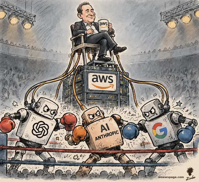 Satirical cartoon: a smug Andy Jassy in a referee's high chair atop a glowing AWS server rack sips from an AWS mug while power cables run down into three brawling boxer-robots — OpenAI, AI ANTHROPIC, and Google — slugging it out in a boxing ring.