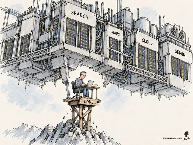 Satirical cartoon: a calm bespectacled engineer types at a tiny desk on a rickety wooden platform labeled CODE atop a rocky peak, while a vast floating machine-age infrastructure labeled SEARCH, MAPS, CLOUD, and GEMINI rests on his platform.
