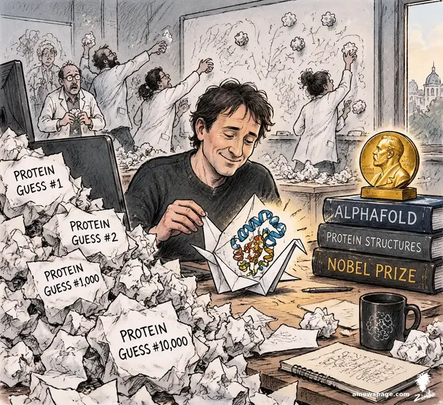 Satirical cartoon: John Jumper calmly folds a glowing paper crane holding a protein structure at a desk buried in crumpled papers labeled PROTEIN GUESS #1, #2, #1,000, #10,000, while scientists flail behind him; a Nobel medal rests on books labeled ALPHAFOLD, PROTEIN STRUCTURES, NOBEL PRIZE.