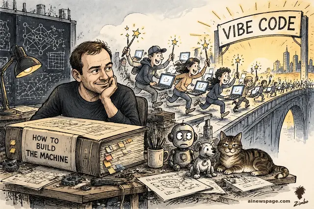 Satirical cartoon: Andrej Karpathy sits chin-in-hand beside a giant doorstop tome labeled HOW TO BUILD THE MACHINE while a cheering crowd with laptops stampedes through a golden VIBE CODE arch; Merv, Buddy, and Issue the cat watch from the desk.