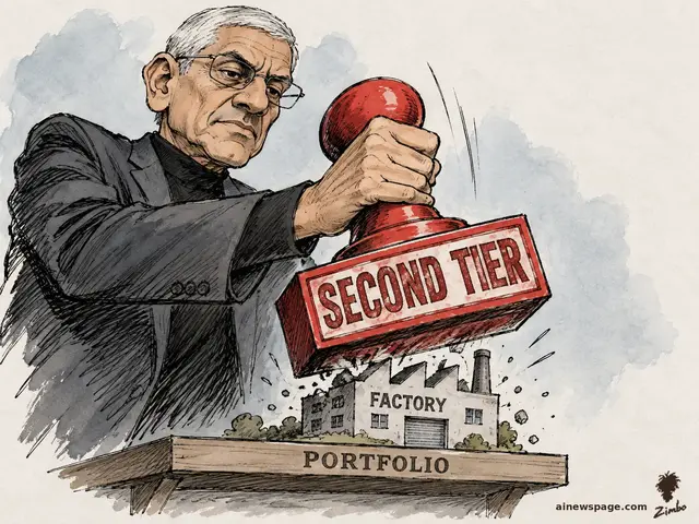 Satirical cartoon: a stern Vinod Khosla brings a giant red rubber stamp labeled SECOND TIER down onto his own tiny FACTORY building sitting on a shelf labeled PORTFOLIO.