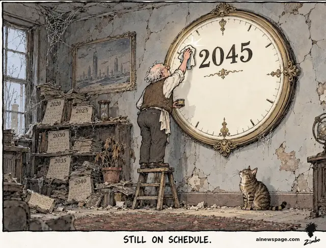 An aging prophet on a stepladder polishes a giant wall clock frozen at 2045 while cobwebbed calendars from 2020 to 2040, a dead plant, and peeling walls decay around him; a tabby cat watches. Caption: STILL ON SCHEDULE.