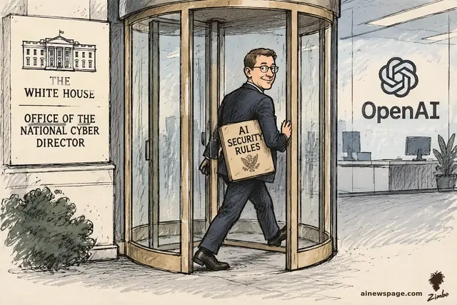 Satirical cartoon: a grinning suited man with glasses carries a folder labeled AI SECURITY RULES through a revolving door from the White House Office of the National Cyber Director into an OpenAI office.