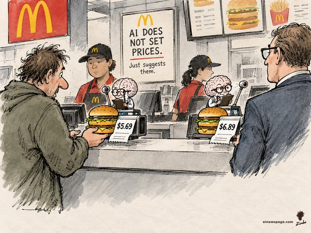 Satirical cartoon: at a McDonald's counter, tiny bespectacled AI brains with clipboards study each customer while a price machine prints $5.69 for a scruffy customer and $6.89 for a suited businessman; a framed poster reads 'AI DOES NOT SET PRICES. Just suggests them.'