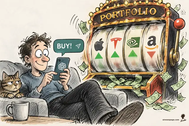 Satirical cartoon: a man lounges on a couch tapping BUY! into a ChatGPT chat on his phone while a giant slot machine labeled PORTFOLIO spins stock-logo reels and spews cash; Issue the tabby cat watches, unimpressed.