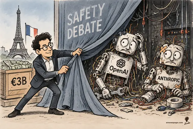 Satirical cartoon: a generic-archetype French founder (dark curly hair, glasses, blazer) yanks a SAFETY DEBATE curtain aside, revealing two tangled-wire robots labeled OpenAI and ANTHROPIC amid duct tape and sparking cables; Eiffel Tower and a €3B crate on the Paris side.