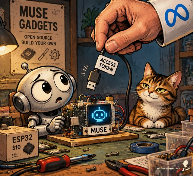 Satirical cartoon: Merv the worried robot stands beside a tiny homemade Muse gadget — a circuit board with colorful wires and a glowing screen labeled MUSE — while a giant hand with a Meta logo sleeve dangles its USB cable tagged ACCESS TOKEN overhead; the cat Issue watches, unimpressed.