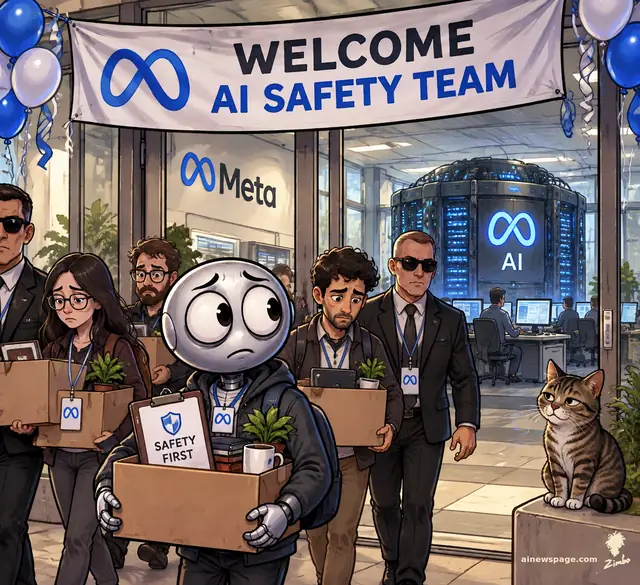 Satirical cartoon: under a 'WELCOME AI SAFETY TEAM' banner at Meta HQ, a worried silver robot clutching a 'SAFETY FIRST' clipboard leads dejected employees carrying moving boxes out the glass doors, escorted by security past a glowing AI server; a tabby cat watches.
