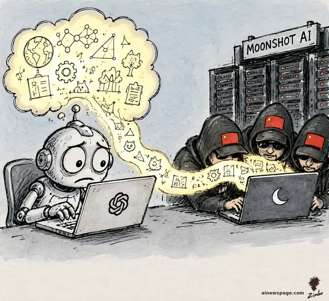 Satirical cartoon: a worried retro robot types at a laptop while a glowing thought-cloud of secret doodles streams out of its head and is siphoned across the desk into masked thieves' laptop with a crescent-moon logo; hooded figures with red-star patches lurk by server racks labeled MOONSHOT AI.