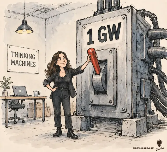 Satirical cartoon: Mira Murati reaching for a comically oversized red lever on a building-sized industrial power switch labeled 1 GW; a THINKING MACHINES sign hangs on the wall beside a tiny desk with a laptop and coffee cup.