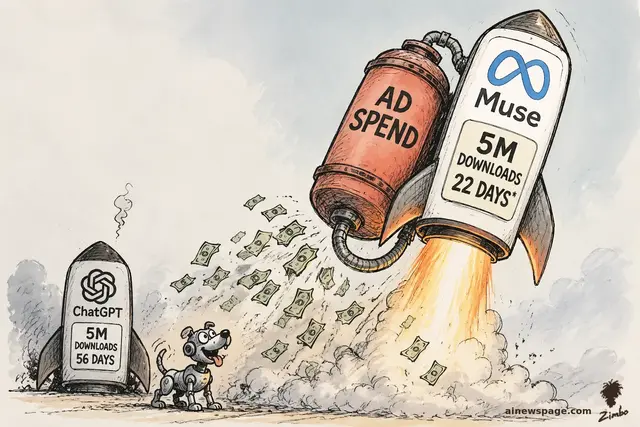 Satirical cartoon: a Meta Muse rocket blasts off fueled by a giant rust-red AD SPEND tank spraying dollar bills, '5M DOWNLOADS / 22 DAYS*' on its fuselage; a grounded ChatGPT rocket reads '5M DOWNLOADS / 56 DAYS' while Buddy the robot dog wags.