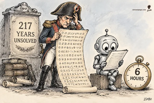 Satirical cartoon: a baffled Napoleon in bicorne and dress uniform clutches a long scroll of cipher glyphs beside a plaque reading '217 YEARS UNSOLVED', while a small cute robot on a crate casually reads the decoded letter like a newspaper, a stopwatch beside it reading '6 HOURS'.