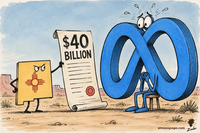 Editorial cartoon: a grumpy New Mexico state-shaped figure with the Zia sun symbol presents a giant scroll labeled $40 BILLION to a giant sweating blue Meta infinity-loop character trembling on a tiny stool in the desert.