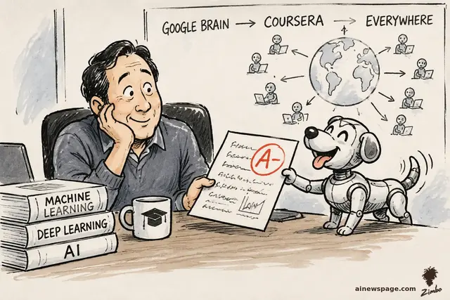 A cheerful robot-dog student slides a paper with a big red A- across the desk to a professor, under a whiteboard tracing GOOGLE BRAIN to COURSERA to EVERYWHERE.
