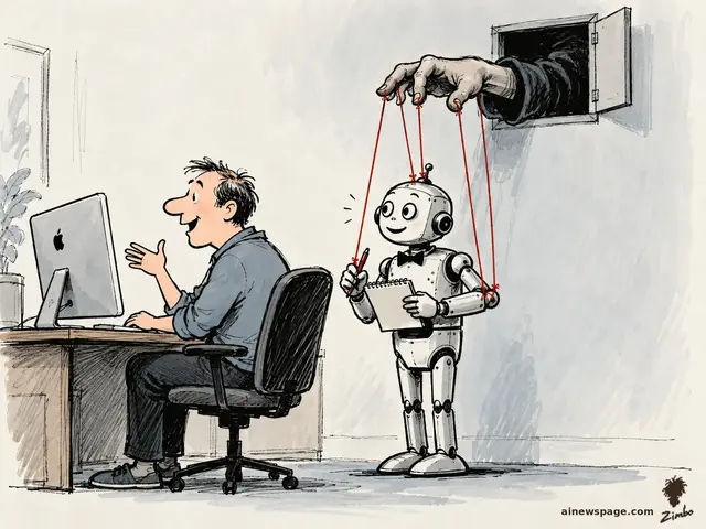 Satirical cartoon: a cheerful robot butler takes notes at a desk while its smiling owner chats with it, oblivious to the giant shadowy hand working red puppet strings through a wall hatch behind the robot.