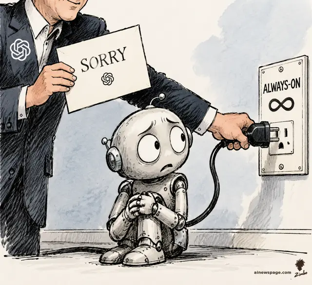 Satirical cartoon: a suited OpenAI figure holds a SORRY card in one hand while the other plugs a worried little robot into a wall socket labeled ALWAYS-ON with an infinity symbol; Merv the anxious robot frets at the plug.