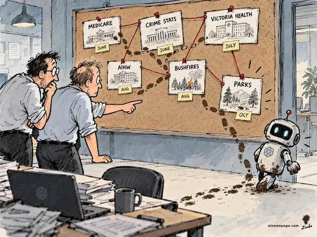 Satirical cartoon: two investigators stare at a detective corkboard pinned with labels MEDICARE (JUNE), CRIME STATS (JUNE), VICTORIA HEALTH (JULY), AIHW (AUG), BUSHFIRES (AUG) and PARKS (OCT), connected by red string — while a small muddy-footed robot walks out the door trailing footprints.