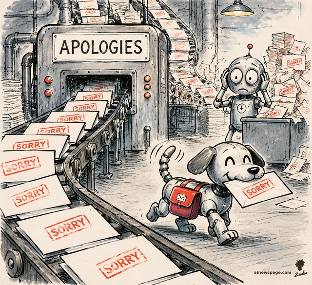 Satirical cartoon: an APOLOGIES machine stamps out a conveyor belt of SORRY envelopes while Buddy the robot dog cheerfully delivers one and Merv frets at an overflowing mailbox.