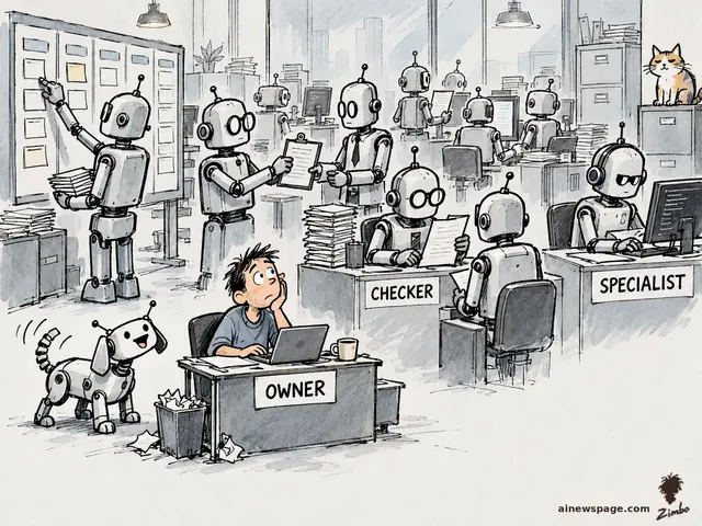 Satirical cartoon: an overwhelmed human developer at an OWNER desk with a laptop while robots work at desks labeled CHECKER and SPECIALIST; a cheerful robot dog wags beside him and a cat sits atop the filing cabinet.