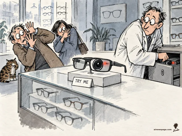 Satirical cartoon: at an optician's counter, a 'TRY ME' stand displays smart glasses with a comically oversized camera lens and blinking red REC light; two customers recoil, the optician guiltily hides more pairs in a drawer, and a small tabby cat covers its eyes.